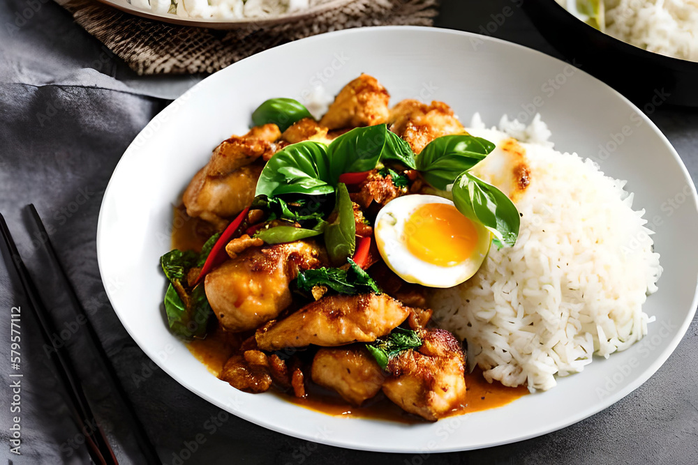 Krapow Fried Rice AI generated image of the Pad Krapow, popular Thai dish that consists ...