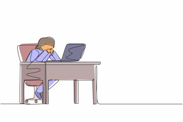 Poster - Continuous one line drawing pensive businesswoman working at laptop. Frustrated female in doubt with hand on chin gesture. Work at home office. Remote job, workplace. Single line draw design vector