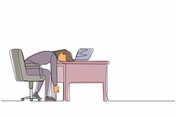 Wall Mural - Continuous one line drawing professional burnout syndrome. Exhausted sick tired female manager in office sad boring sitting with head down on laptop. Single line design vector graphic illustration