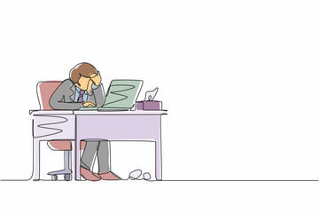 Poster - Single continuous line drawing male employee crying while wiping tears using tissue and staring at laptop. Businessman working overtime in office. One line draw graphic design vector illustration
