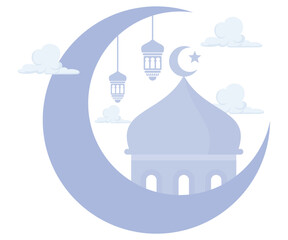 Wall Mural - Ramadan Kareem with Crescent and visual inside,  Ramadan greeting and wishing muslims, flat vector modern illustration