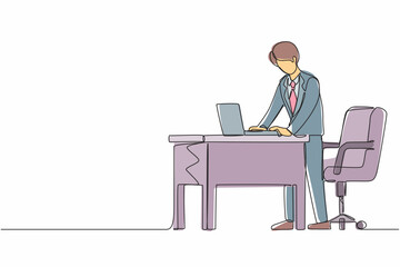 Poster - single one line drawing man employee working at ergonomic workstation. office furniture with compute