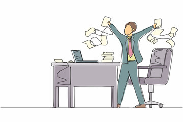 Poster - Continuous one line drawing happy businessman, company leader or office worker throwing documents in air, enjoying business success while sitting at workplace. Single line draw design vector graphic