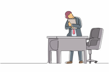 Poster - Single continuous line drawing businessman hugging laptop at office. Love to computer concept. Young emotional male. Human emotions, facial expression. One line draw graphic design vector illustration