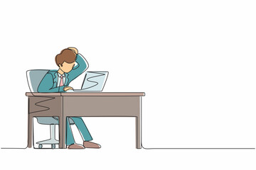 Poster - Continuous one line drawing male manager working on computer laptop. Businessman with question mark over head scratches back of his head sitting in front of laptop. Single line design vector graphic