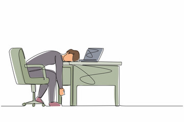 Poster - continuous one line drawing professional burnout syndrome. exhausted sick tired male manager in offi