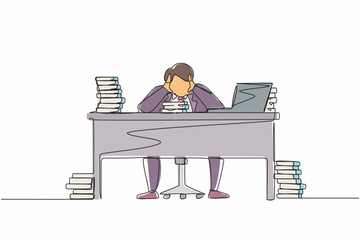 Poster - Single one line drawing stressed businessman throwing tantrum in office holding his hands to his head shouting while seated at desk surrounded by files. Continuous line draw design graphic vector