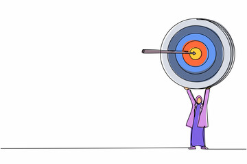 Poster - Single one line drawing Arabian businesswoman holding up big target with arrow. Female manager with aim as symbol of having success idea. Modern continuous line draw design graphic vector illustration