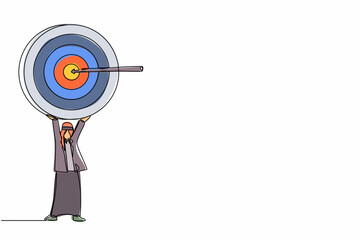 Poster - continuous one line drawing arabian businessman holding up big target with an arrow. smart male mana