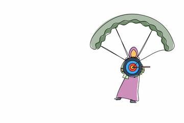 Poster - Single one line drawing Arabian businesswoman holding target with arrow in bullseye and jumping with parachute. Business finance goal minimal concept. Modern continuous line draw design graphic vector