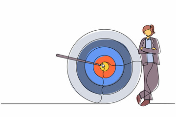 Poster - Continuous one line drawing businesswoman or manager standing next to target. Arrow hit target exactly. Successful business strategy, marketing concept. Single line design vector graphic illustration