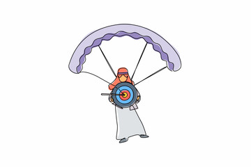 Poster - Continuous one line drawing Arabian businessman holding target with arrow in bullseye and jumping with parachute. Goal setting. Smart goal. Business target. Single line draw design vector illustration