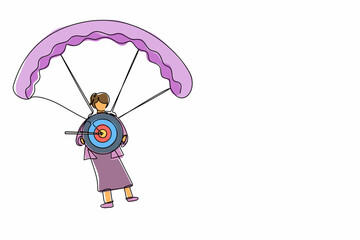 Poster - Single continuous line drawing cute businesswoman holding target with arrow in bullseye and jumping with parachute. Goal setting. Professional manager. One line draw graphic design vector illustration