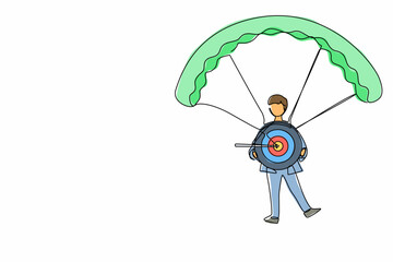 Poster - Single one line drawing businessman holding target with arrow in bullseye and jumping with parachute. Achievement and success. Business target concept. Continuous line draw design vector illustration