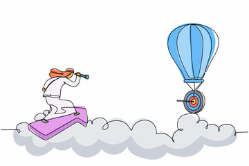 Poster - Single continuous line drawing Arabian businessman ride arrow symbol, flying, and using monocular to see business vision on hot air balloon. Professional manager. One line draw graphic design vector