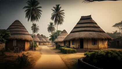 Wall Mural - A picturesque view of a traditional Andhra Pradesh village with palm trees and thatched roofs captured with a Canon EOS  Generative AI