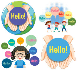 Wall Mural - hello greeting with cartoon characters set