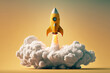 Yellow rocket taking off with realistic cloud smoke on yellow background. Concept of start up business launching. Generative AI