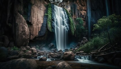  A stunning view of a majestic waterfall surrounded by rocks and greenery captured with a high  Generative AI