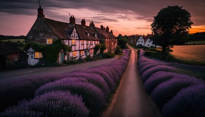 A quaint village at dusk surrounded by fields of lavender and captured with a Nikon D850 24mm lens f/4 dreamy wide  Generative AI