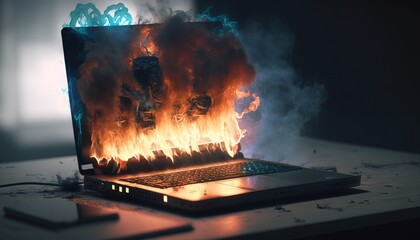 Poster - Burning laptop computer on a dark background. Generative AI