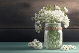 Fototapeta  - Glass Jar with White Flowers on Woden Background. Generative ai.