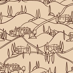 Hand drawn seamless pattern with italian tuscan tuscany landscape, house villa tree cypress. Simpleminimalist line art on beige brown background, idyllic countryside farm agriculture, roads hills