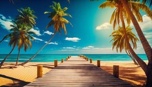 Wooden Pier On Tropical Beach With Palm Trees And Blue Sky Background. Generative AI