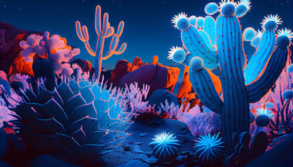 a cactus Sunset Desert, blue and whiteSkies in synthwave style