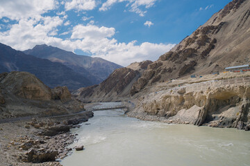 Indus river and mountains on either side at Ladakh, Himalayas, Jammu and Kashmir, Northern India