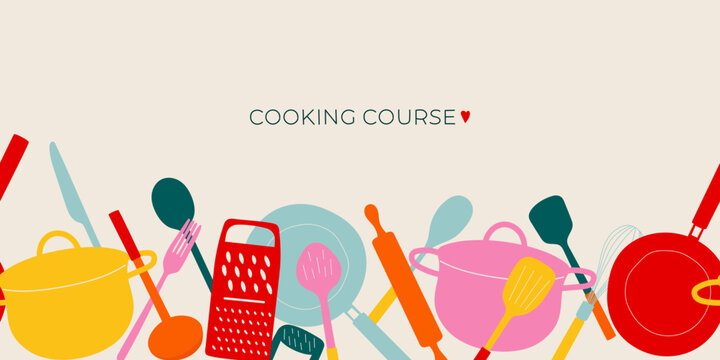 cooking course. kitchen tools horizontal banner in doodle style. background with hand drawn dishes. 