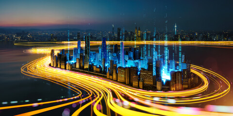 Poster - 3d abstract speed light flow through the city with gradient and aesthetic intricate lighting design