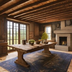 Wall Mural - A rustic kitchen with a stone fireplace and a wooden table3, Generative AI