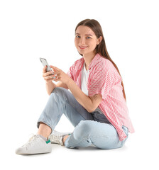 Poster - Sitting young woman with smartphone isolated on white