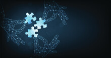 Teamwork And Cooperation Concept. Strategy For Success. Jigsaw Digital Technology Blue On Dark Blue Background. Puzzle Connect Achievement Low Poly Wireframe.	