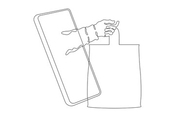 Wall Mural - One continuous line. Hand with packages. Hand with purchases on the smartphone screen. Mobile sale. Hand with bags. One continuous line drawn isolated, white background.