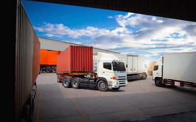 Wall Mural - Semi Trailer Trucks on The Parking Lot. Trucks Loading at Dock Warehouse. Shipping Cargo Container Delivery Trucks. Distribution Warehouse. Freight Trucks Cargo Transport. Warehouse Logistics.
