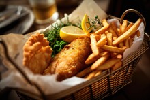 Fish And Chips In A Basket Close-up Shot. Fried Chicken In A Basket On Dark Background. French Fries On The Basket.