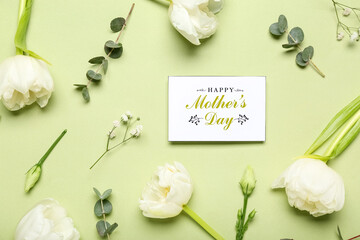 Canvas Print - Greeting card with text HAPPY MOTHER'S DAY and beautiful eustoma flowers on green background