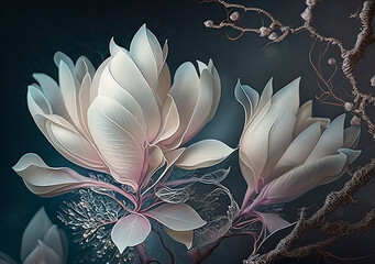 Wall Mural - fantasy white flowers on branches on dark background
