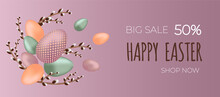 Happy Easter Sale. Willow Branch With The Easter Eggs On Purple Background. Can Be Add Text.