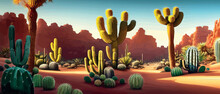 A Desert Oasis With Cacti And Flowers Growing Around A Stream Of Water. Cinematic Digital Artwork Illustration Of A Desert Landscape At Sunset. Scenic Wild West Aesthetic Art Vector Illustration.