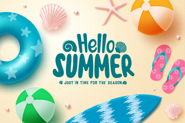 Fototapete - Summer greeting vector background. Hello summer text with beach floater, surfboard, and beach ball element. Vector illustration summer greeting.
