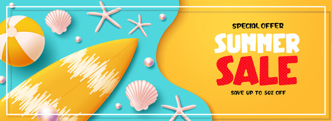 Fototapete - Summer sale vector banner design. Summer sale text with special offer up to 50 % off discount promotion. Vector illustration summer sale promo.
