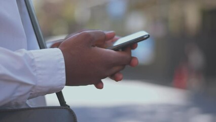 Poster - hands, business city and typing on phone, texting or social media on street outdoors. 5g technology,