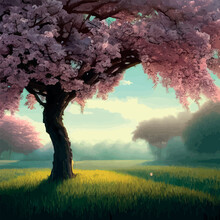 Blooming Pink Sakura In The Meadow Vector Illustration. Japanese Cherry Trees On A Green Meadow, Spring Landscape With A Single Blooming Cherry Tree Sakura