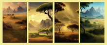 Wild Savanna Landscape. Savannah, African Wilderness With Acacia Trees, Grass, Sand And Water. Africa Landscape Panorama. Kenya National Park, Vertical Poster. Flat Vector Illustration