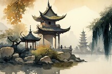 Chinese Ink Landscape Painting Created Digitally Japan Traditional  Ink Illustration Background