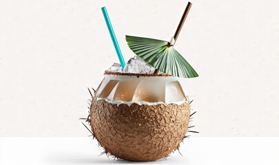  a coconut drink with a green umbrella and straws in it on a white table with a white background with a shadow of a person holding a green umbrella.  generative ai