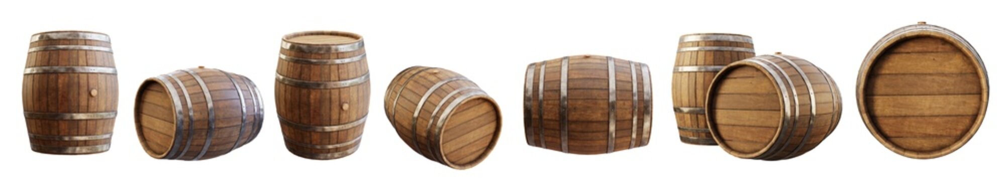 wooden barrel, view from different angles, isolated on transparent background. clipping path indlude